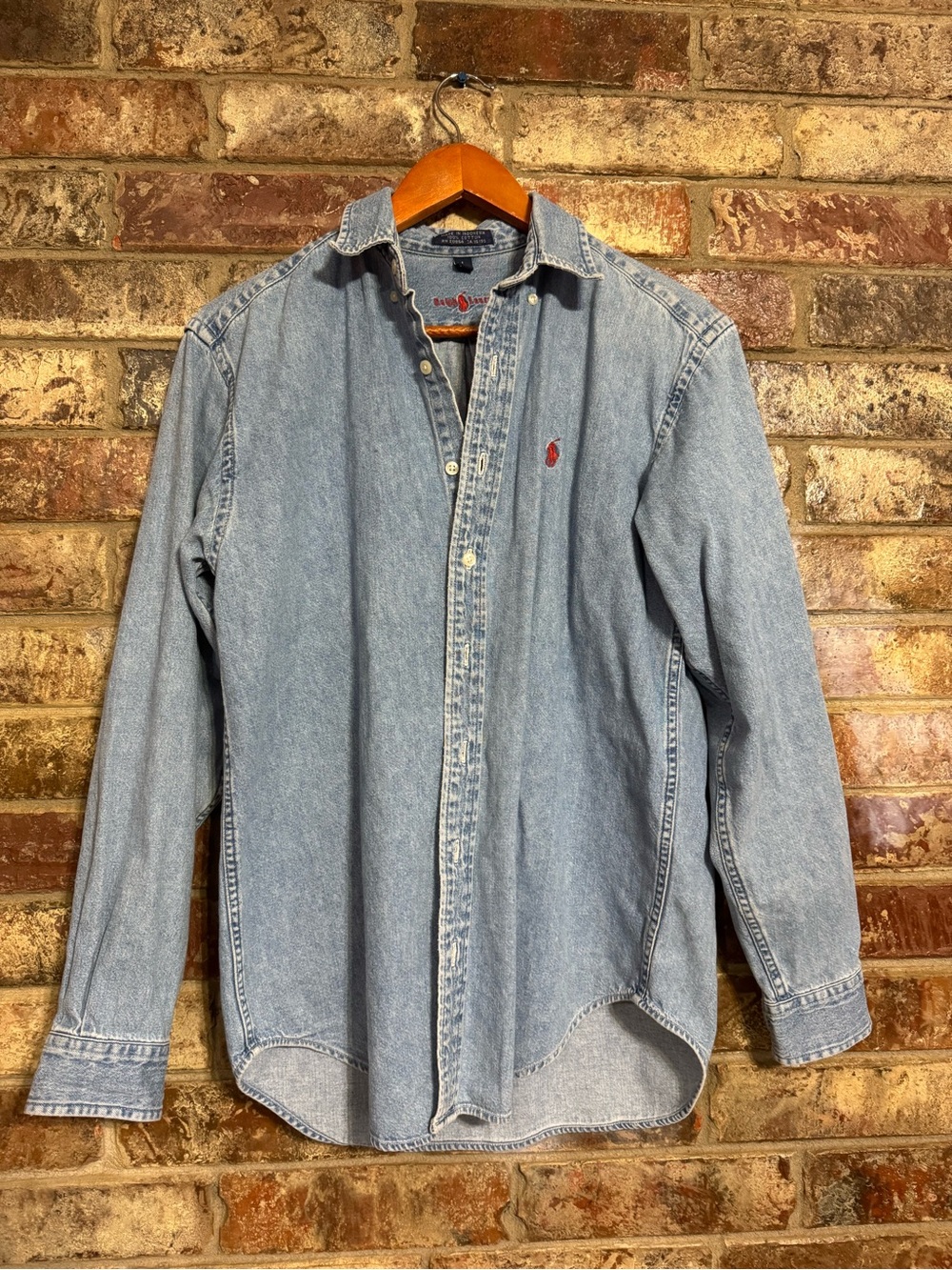 Y2K Polo by Ralph Lauren Denim Button-Down Shirt in Light Blue with Red Pony